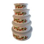 Vintage Strawberry Enamel Food Storage Bowls Containers With Plastic Lid Stackable thumbnail 1