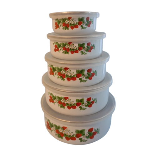 Vintage Strawberry Enamel Food Storage Bowls Containers With Plastic Lid Stackable