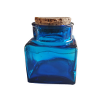 Blauwe Glazen Vierkante Pot Met Kurk Dop Vintage Retro thumbnail 1