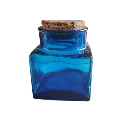 Blauwe Glazen Vierkante Pot Met Kurk Dop Vintage Retro