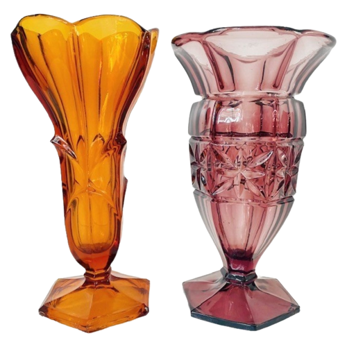 Set Artdeco Vazen Boheems Glas 1930’S Stolzle Paars Amber