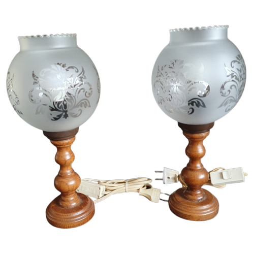 Vintage - Tafellamp - Bedlamp - Schemerlamp - Hout/Glas -Set