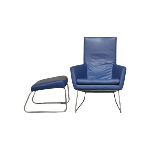 Zganieuw! Blauwe Leren Label Don Fauteuil + Evt Hocker!