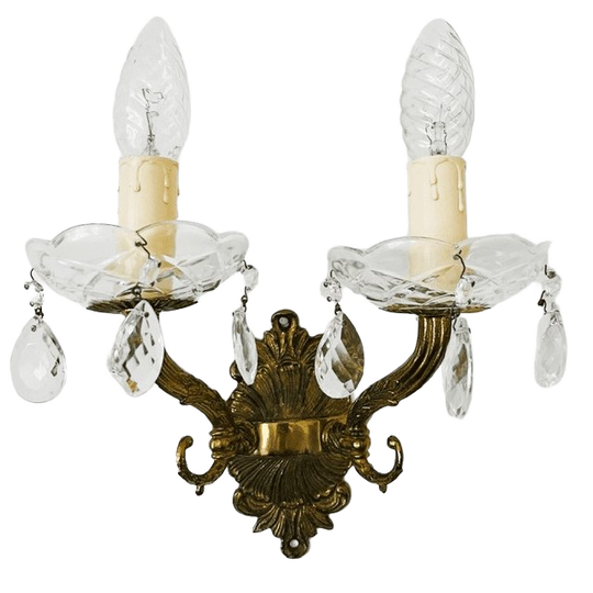 Vintage Antieke Messing Barok Rococo Wandlamp Kristallen Pegels 1900’s 1