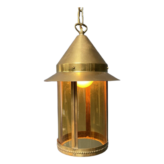 Messing Lantaarn Hanglamp Met Geel Glas 1