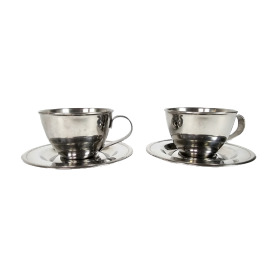 Nanni Italy P&b - Rvs - 2 X Design Dubbelwandige Espresso Kop En Schotel - Italie - 1980's 1
