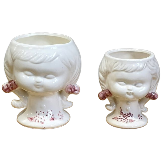 Set Bloempotten Meisjeshoofdjes Wit Roze Seventies 1