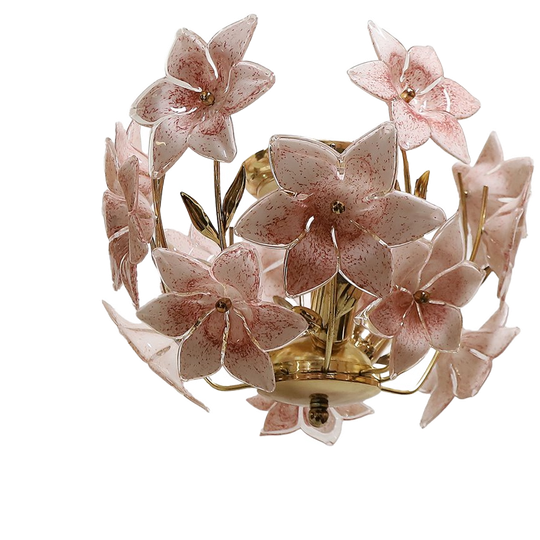 Vintage Franco Luco Murano Italië Messing Bloemen Plafondlamp, Jaren '70 1
