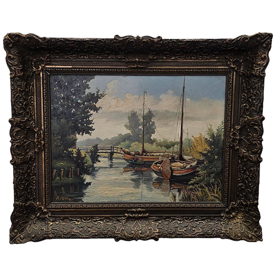 Olieverf Schilderij Met Tjalken Van R. Otter, Jaren 40/50 1