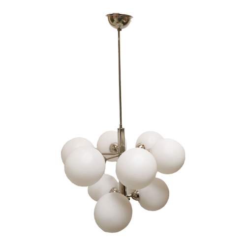 Vintage Design Sputnik Lamp Chroom Met 9 Opaline Bollen, Jaren '60