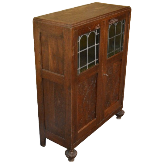Kleine Eikenhouten Art Deco Kast Met Glas-in-lood Deuren 1