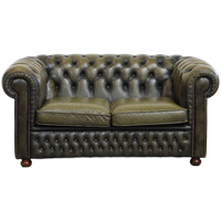 Groene Vintage Engelse Rundleren Chesterfield 2 Zits Bank Met Siernagels