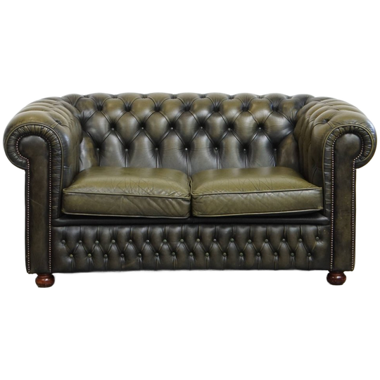 Groene Vintage Engelse Rundleren Chesterfield 2 Zits Bank Met Siernagels 1