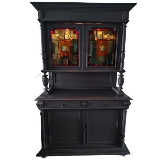 Antieke Buffetkast Met Glas In Lood En Verlichting 1