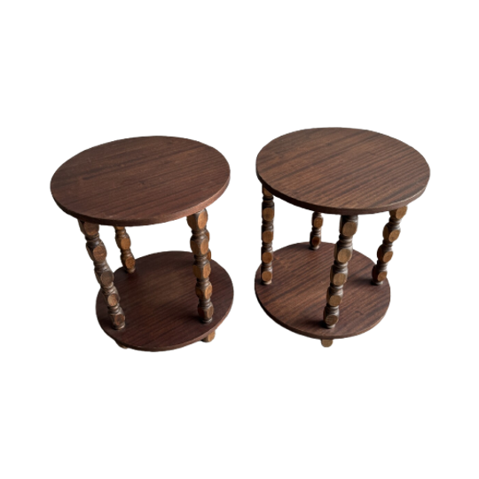 Set Van 2 Houten Brutalist Bijzet Tafels In Hout. 1
