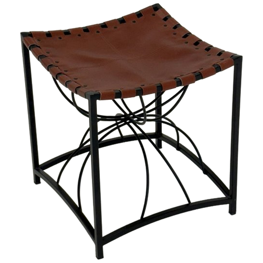 Franse Sierlijke Vintage Kruk Met Zwart Metaal En Bruin Leer 1