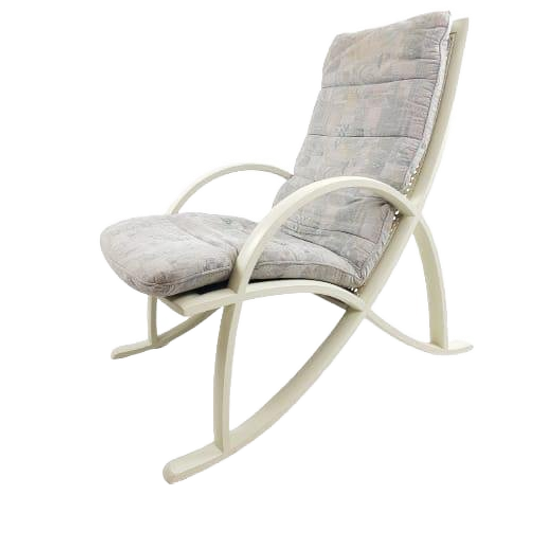 Vintage Eighties Fauteuil Wit Rotan Grijs Roze Stof 1