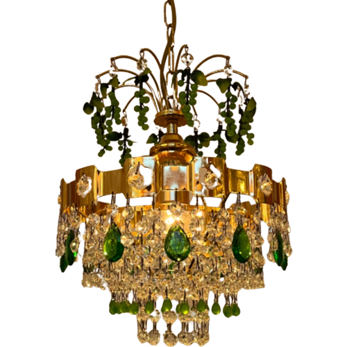 Murano Druiven Kroonluchter Groene Pegels Vintage Kristal Goud Frame