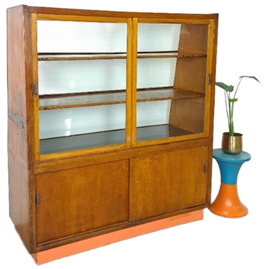 Fineer Toonbank, Winkel Vitrine Met Schuifdeuren, Vintage Vitrinekast 1