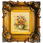 Vintage Handgeschilderd Mini Schilderijtje Olieverf Bloemen Barok thumbnail 1