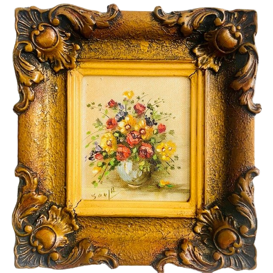 Vintage Handgeschilderd Mini Schilderijtje Olieverf Bloemen Barok 1