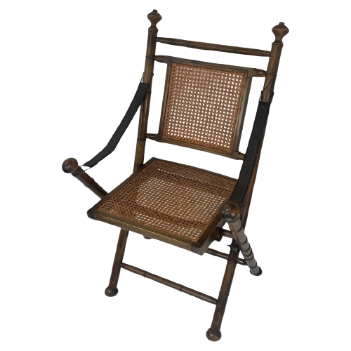 Officer’S Chair - Wooden Frame, Wicker Seat And Leather Arm Straps - Military Campaign Style