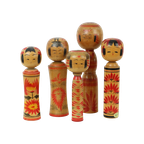 Lot Van 5 Grote Kokeshi Poppen Naruko Handgeschilderd Hout Japan thumbnail 1