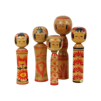 Lot Van 5 Grote Kokeshi Poppen Naruko Handgeschilderd Hout Japan