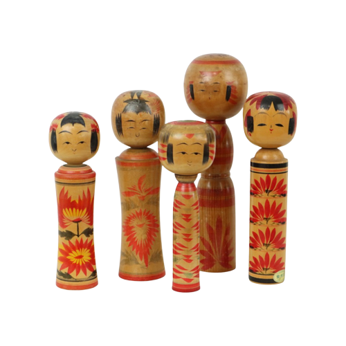 Lot Van 5 Grote Kokeshi Poppen Naruko Handgeschilderd Hout Japan