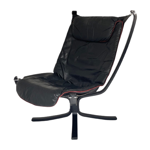 Sigurd Ressel - Falcon Chair (High Back Model) - Vatne Møbler - Black Leather Upholstery With Red