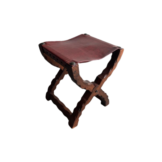 Brutalist Spanish Folding Stool With Leather Seat, 1960S 1