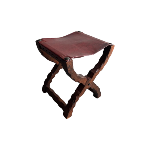 Brutalist Spanish Folding Stool With Leather Seat, 1960S