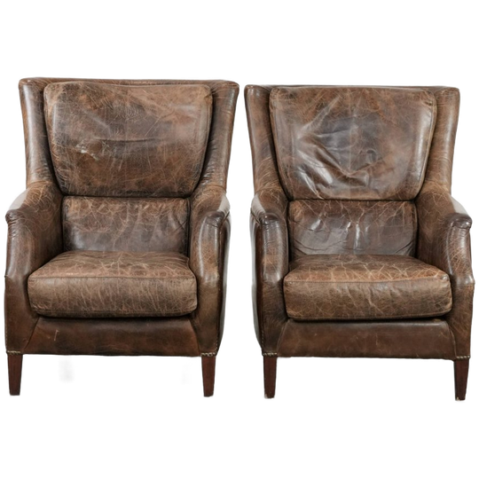 Karaktervolle En Zeer Comfortabele Set Van Twee Vintage Rundleren Fauteuils Met Sprekende Kleuren 1