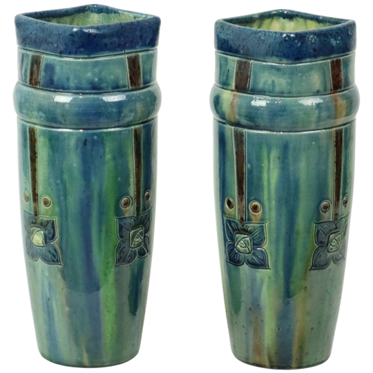 Koppel Blauwe Art Nouveau Vazen Vlaams Aardewerk Antiek 1