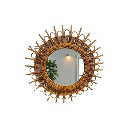 Vintage Rotan Spiegel / Ronde Rieten Wandspiegel 1
