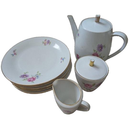 Thee Of Koffiepot, Melk En Suiker En Vijf Ontbijtbordjes 1