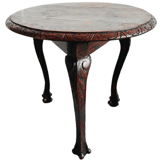 Antieke Ronde Bijzettafel Met Houtsnijwerk Blad En Cabriole Klauwpoten 1920’s 1