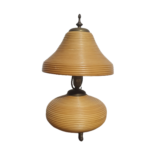 Brass And Pencil Reed Rattan Table Lamp, Italy, 1970s 1