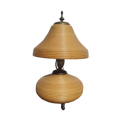 Brass And Pencil Reed Rattan Table Lamp, Italy, 1970S
