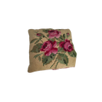 Vintage Geborduurd Kussen Beige Roze Rood Bloemen thumbnail 1