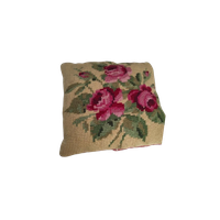 Vintage Geborduurd Kussen Beige Roze Rood Bloemen