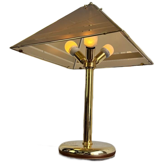 Vintage Gouden Tafellamp Met Fumé Glazen Kap 1