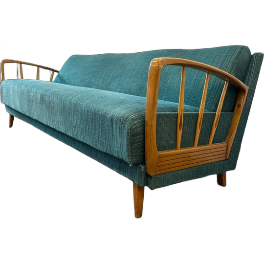 Vintage Blauw/groene Stoffen Slaapbank / Sofa / Zetel 1