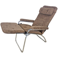 Vintage Verstelbare Relaxfauteuil Chroom / Grijs / Bruin Stof / Luie Stoel / Reclining Chair