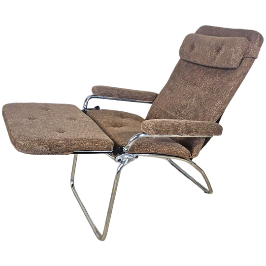 Vintage Verstelbare Relaxfauteuil Chroom / Grijs / Bruin Stof / Luie Stoel / Reclining Chair 1
