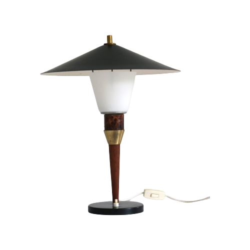 Oude Deense Bureaulamp In Metaal, Hout En Glas - Lyfa - Denemarken Jaren 50 -