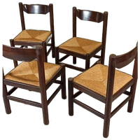 Set Van 4 Vintage Hout En Riet Eetkamerstoelen