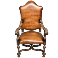 Antieke Renaissance Fauteuil. Massief Notenhout, Leer. Holland. 19e Eeuw. 133x70x70 Cm.