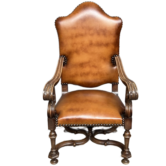 Antieke Renaissance Fauteuil. Massief Notenhout, Leer. Holland. 19e Eeuw. 133x70x70 Cm. 1