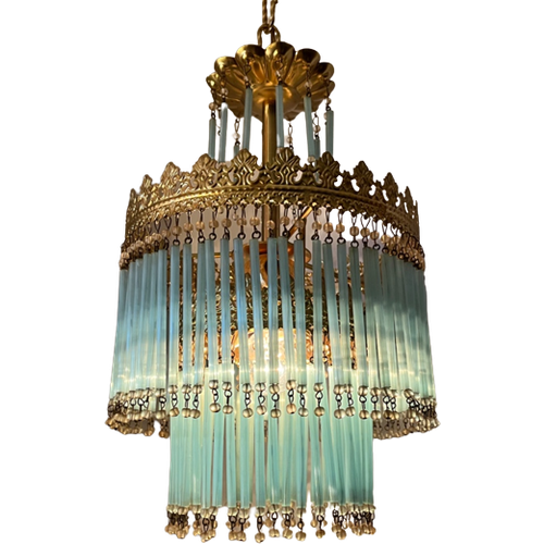 Italiaanse Opaliserende Hollywood Vintage Regency Hanglamp Met Azuur Blauwe Opaal Staafjes